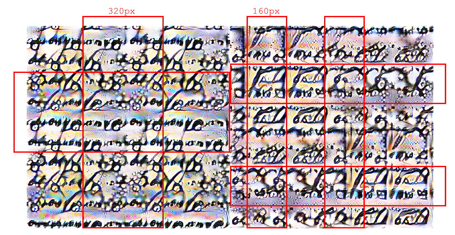 On the right, only the first of 5 folds are used, producing limited degeneracy and a self-similarity at short distances. On the left, the 2nd of 5 folds was used, producing the same amount of degeneracy but with a more distributed self-similar behavior.